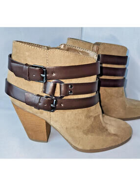 Carlos by Carlos Santana Tan Suede Ankle Boots Dark Brown Buckle Straps